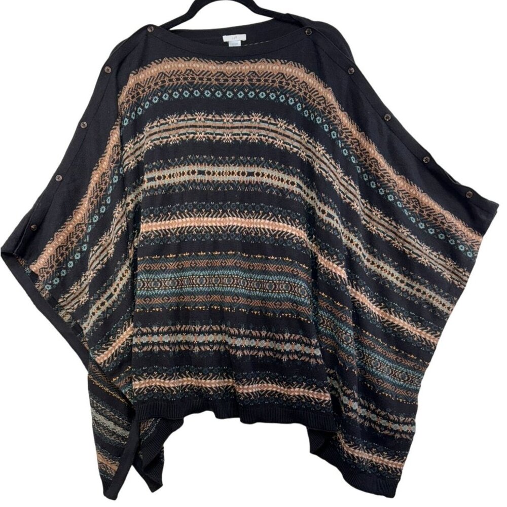 J. Jill Womens One Size Multicolor Patterned Poncho With Button Detail